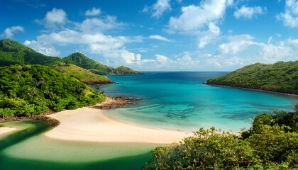 Serene Tropical Inlet With Sandy Beach And Green Hills