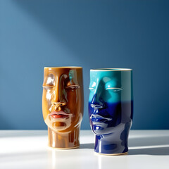 Modern ceramic vases shaped like human faces in orange and blue on a white pedestal

