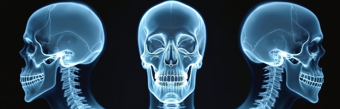 X-ray views show human skull from front and sides. Transparent bone structure with visible teeth and neck vertebrae. Medical imaging displays cranial and cervical anatomy.