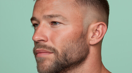 Obraz premium Realistic skin texture with sun kissed warmth across cheeks on thoughtful man with short hair and beard against soft green background