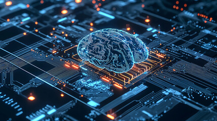 Digital brain on futuristic circuit board representing artificial intelligence