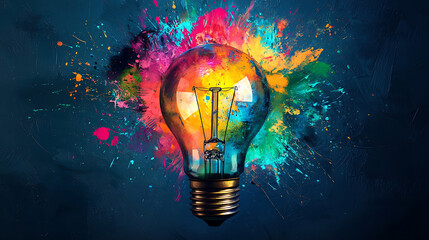 Explosion of colors surrounding glowing light bulb symbolizing creative ideas