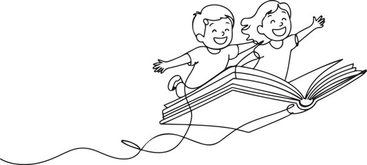Single one line drawing little boy and girl student or preschooler flying on magic book. Happy kids flying on the book. Knowledge power concept. one line Icon drawing © firoz