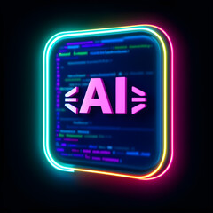 Neon glowing AI coding icon with futuristic 3D design and digital code background
