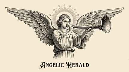 Vintage woodcut illustration of a winged angel blowing a trumpet with a celestial halo and stars for religious heraldic designs. © Itz Joydip