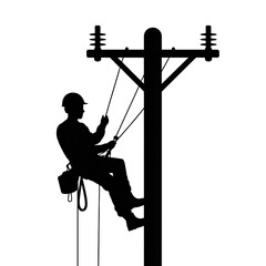 High-contrast black and white silhouette of a utility worker climbing an electrical pole, wearing full safety gear, harness, helmet, and boots, side view, simple clean lines. Transparent background.