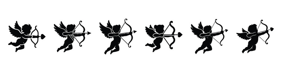 A set of cupid arrow shooting silhouette icon. Valentines Day vector isolated on transparent background.