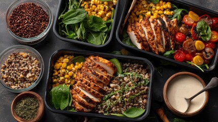 Healthy meal prep with grilled chicken and vegetables arranged in meal containers