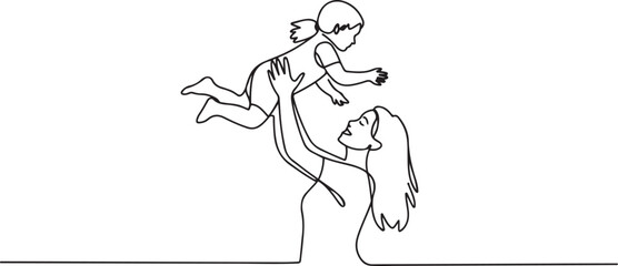 Fototapeta premium One single line drawing of young happy mom raising and turning her daughter around up in the air at home vector graphic illustration. Family parenthood concept. one line Icon drawing