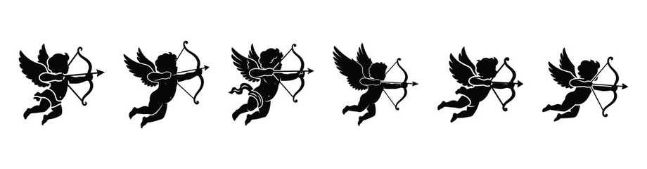 A set of cupid flying arrow silhouette icon. Valentines Day vector isolated on transparent background.