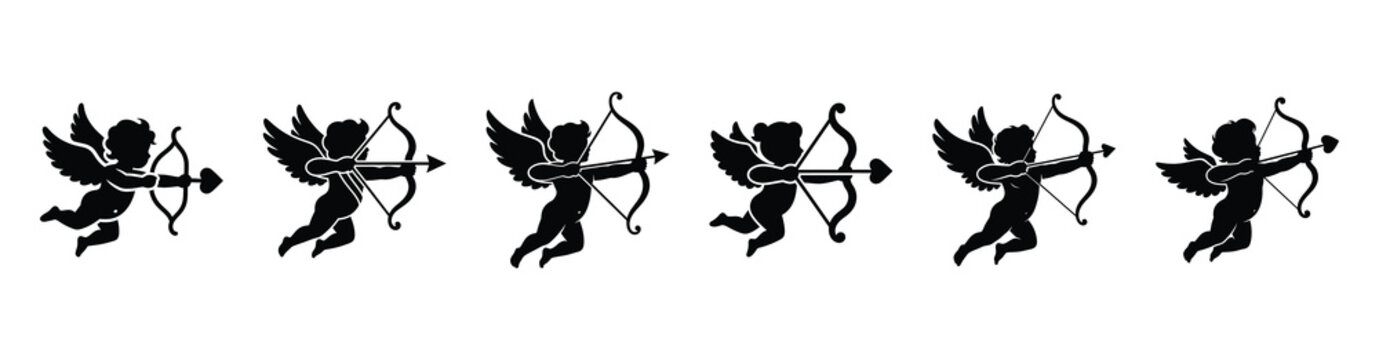 A set of cupid arrow shooting silhouette icon. Valentines Day vector isolated on transparent background.