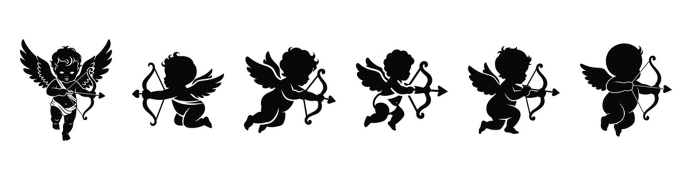 A set of cupid baby silhouette icon. Valentines Day vector isolated on transparent background.