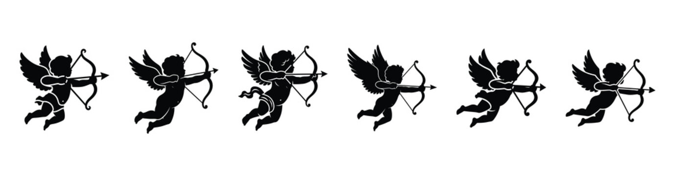 A set of cupid flying arrow silhouette icon. Valentines Day vector isolated on transparent background.