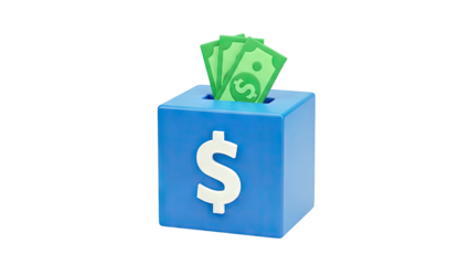 3D Blue money box with dollar sign and green banknotes on transparent background