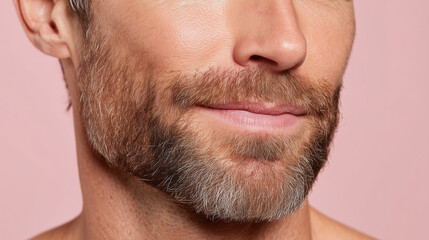 Obraz premium Bearded man with sun kissed skin and soft golden warmth showing visible skin texture and natural facial hair on pink background