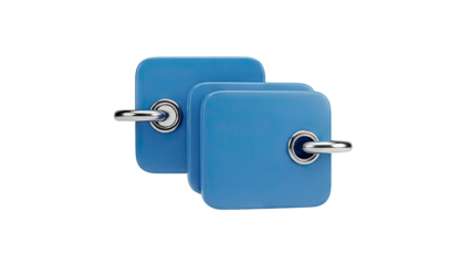 3D Blue square tags with silver hooks on transparent background