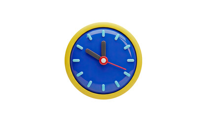 3D Cartoon Clock with Blue Face and Yellow Bezel on transparent background