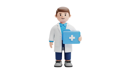 3D Cartoon Doctor Holding Medical Folder with Cross on transparent background