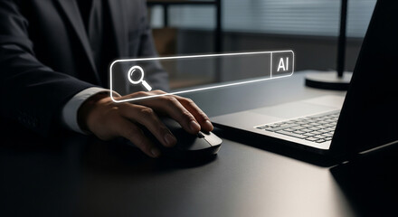 Person using a computer mouse to search for Artificial Intelligence online, representing digital innovation and technology.