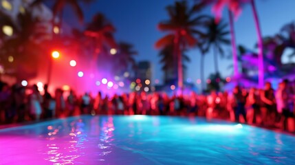 Blurred nightlife party by the pool with neon lights and crowd