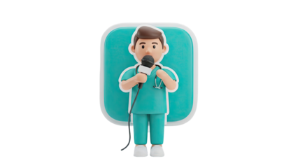 3D Cartoon Doctor Speaking into Microphone with Stethoscope on transparent background