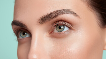 Fototapeta premium Close up of green eye with thick eyebrow and smooth skin texture on pastel blue background showing natural beauty and healthy complexion