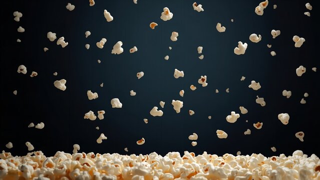 A pile of popcorn kernels flying up against a dark background