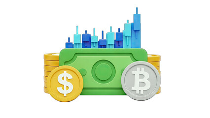 3D Crypto and Stock Market Growth Concept with Coins and Money on transparent background