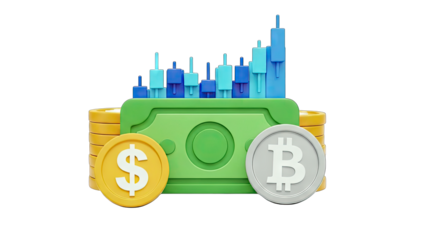 3D Crypto and Stock Market Growth Concept with Coins and Money on transparent background