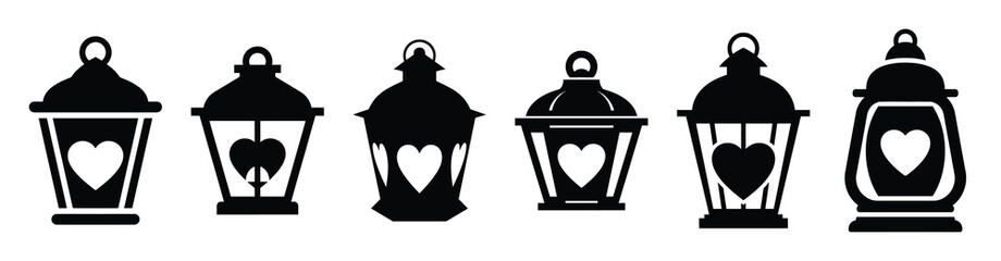 A set of romantic love lantern silhouette icon. Valentines Day vector isolated on transparent background. © Shilpy