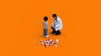 Pixel art interaction between adult and child with medicine on orange background