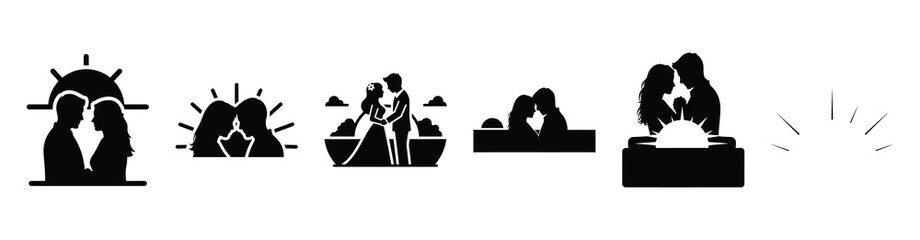 A set of romantic sunset couple silhouette icon. Valentines Day vector isolated on transparent background.