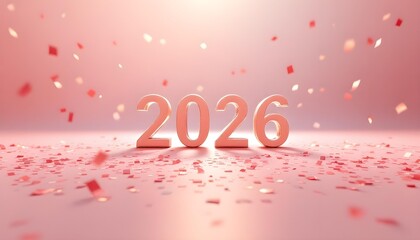 Elegant cinematic scene of scattered confetti and stylish 2026 number with warm pastel lighting serene festive mood minimal luxury design