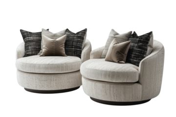 Two modern swivel chairs with pillows on a black background