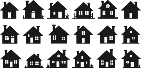 An assortment of black silhouette houses with varying architectural styles and roof designs shown in rows