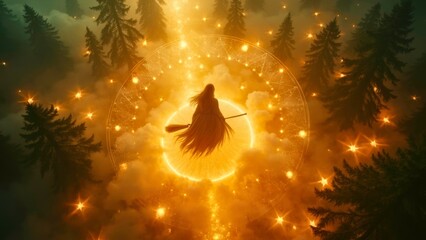 The solitary figure in the forest, the warm light star, spins and rises