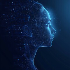 Obraz premium Futuristic digital human head in blue neon light network
