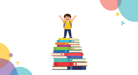 Ambitious young student standing victoriously on top of a giant stack of colorful books against a creative abstract background.