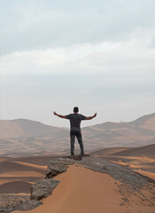 Man with outstretched arms overlooking a vast desert landscape
