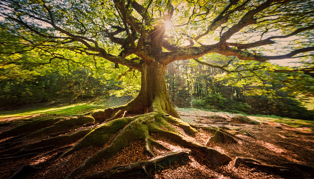 Majestic Ancient Tree Bathed In Sunlight Serene Forest Scene