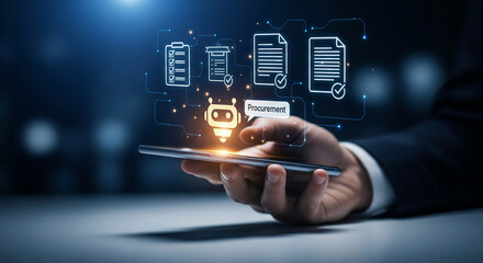 Business professional uses smartphone to interact with automated procurement process and digital documents on futuristic interface