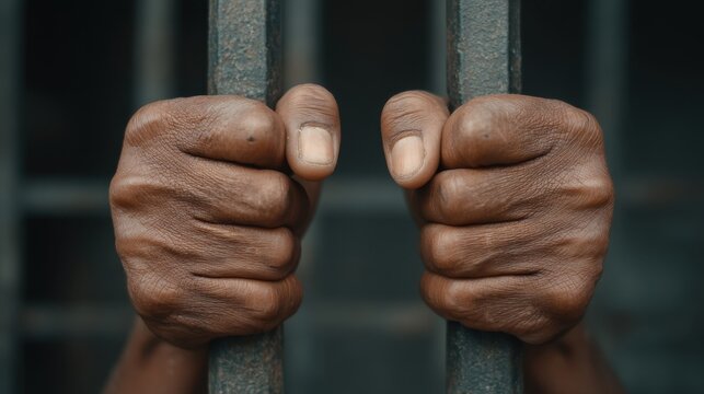 Close-Up of Strong Hands Gripping Metal Bars of Prison Cell Symbolizing Confinement and Desperation in an Imprisoned State of Mind