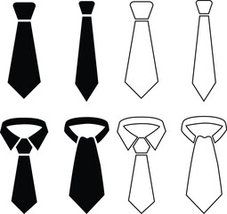 Collection of tie silhouettes isolated on white background, men&rsquo;s tie outline and solid silhouette pack