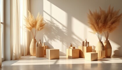 Minimalist room interior with wooden cubes and pampas grass decor. Soft sunlight casts shadows creating a warm neutral aesthetic. Natural light illuminates products on display.