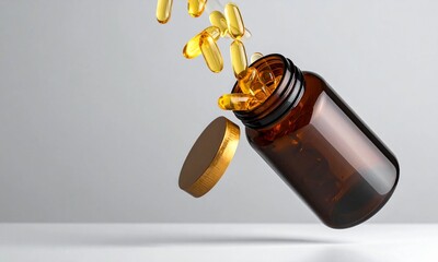 Yellow Capsules Pouring from a Brown Bottle on a Pink Background