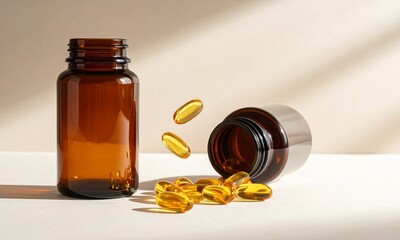 Yellow Capsules Pouring from a Brown Bottle on a Pink Background