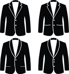 Collection of classic black blazers silhouette isolated on white background, Elegant Classic Black Blazer Silhouette Set.
