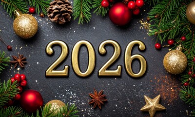 Golden 2026 with Festive Winter Decorations