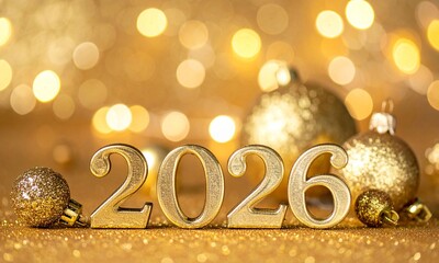 Golden 2026 New Year Celebration with Christmas Ornament