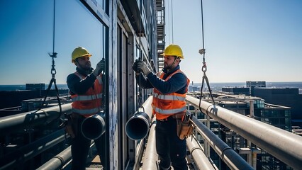 Industrial workers in safety gear handling large pipes on a rooftop with medical 3d anatomy stock footage and medical explainer 3d human body elements in the background